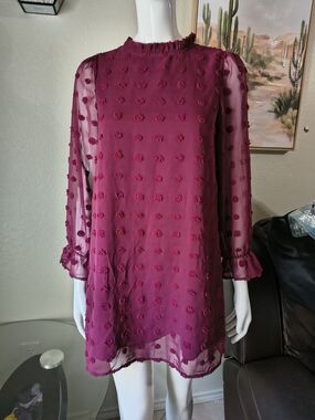 Long Sleeve Textured Chiffon Dress in Berry